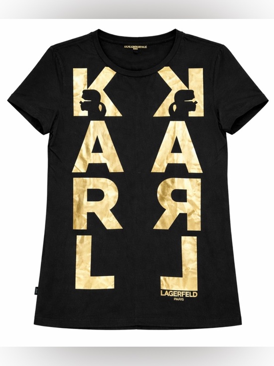Karl Lagerfeld Tops - Karl Lagerfeld Paris Black Gold Foil Logo Tee Shirt‎ Karl Head Graphic Designer